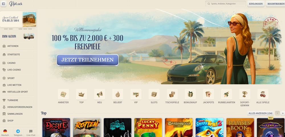 VipLuck Casino-Startseite mit Luxus-Banner, das eine Frau neben einem grünen Sportwagen zeigt, mit 100 % Willkommensbonus bis zu 2.000 € plus 300 Freispiele. Navigation umfasst Casino, Live-Casino, Sport, Turniere und Jackpots, mit Slots wie Immortal Desire und Ramses Book.